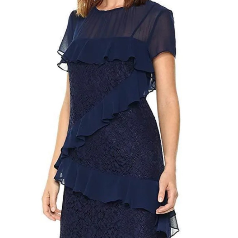 🫐 NWT Anthropologie Donna Morgan Navy Dress with Ruffle and Lace Design
